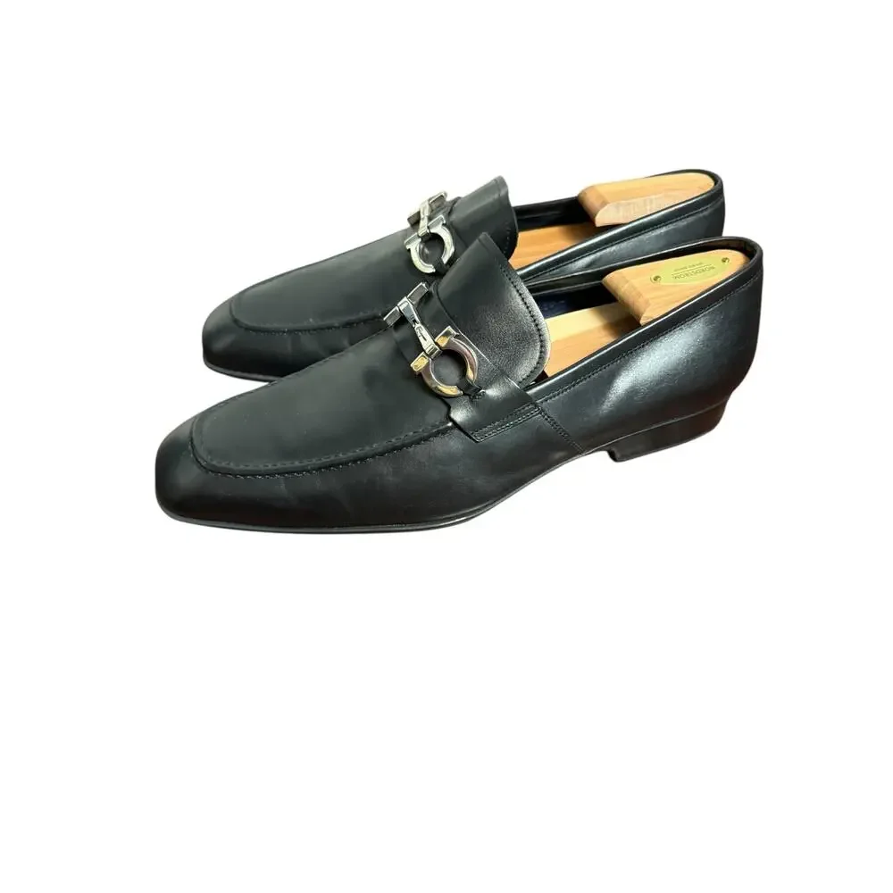 Ferragamo Black Italian Leather Gancini Bit Square Toe Slip On Dress Loafer 10.5